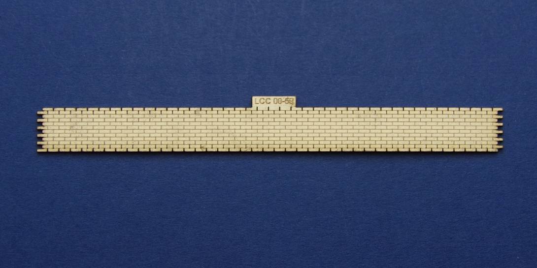 LCC 00-59 OO gauge arch horizontal brick strip Horizontal brick strip for arch unit. Glues back to back with LCC 00-56 at the top to create two sided brick finish. Interlocks with other LCC 00-59 to create seamless panel.